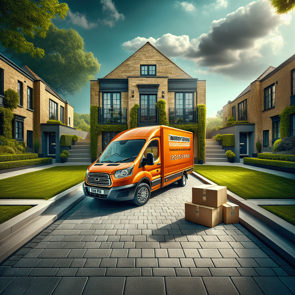 White moving van parked outside modern houses on a sunny day.