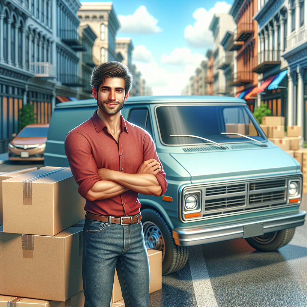 Man and van driver standing in front of moving boxes and van