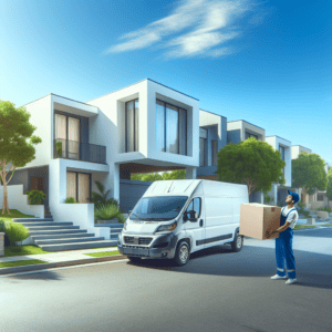 Removal worker carrying moving boxes to a van in a modern housing estate.