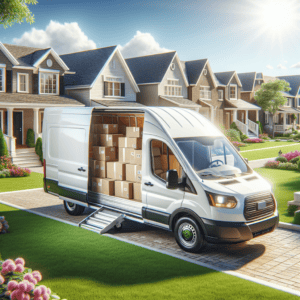 White moving van packed with boxes during a home removal in a suburban area.