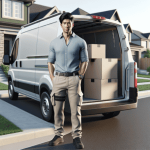Mover standing next to a removal van loaded with moving boxes.