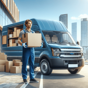 Mover carrying boxes beside a blue removal van in a city environment.